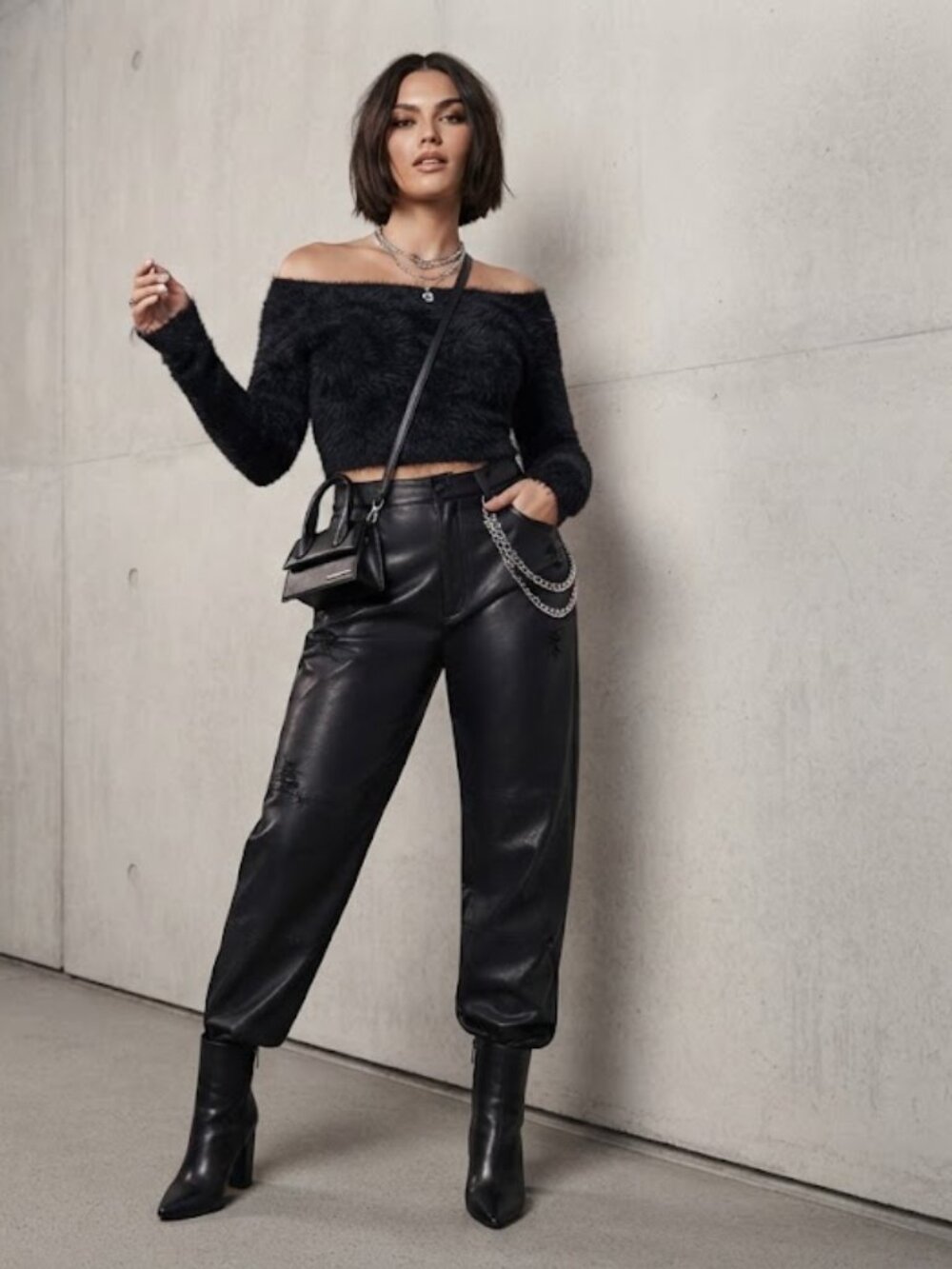 Good American Black Distressed Fuzzy Off-The-Shoulder Cropped Top XL